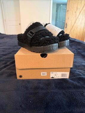 UGG Black Shearling Fluffy Slide Sandals
